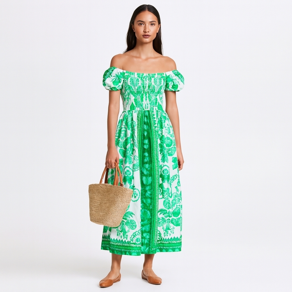 NWT Umgee Sherrie Smocked Dress — Green Boho Floral Maxi